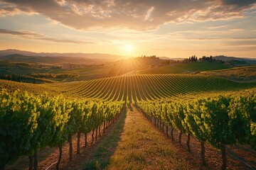 Fototapeta premium Vineyard rows at sunset. Perfect for wine, agriculture, or Italy-themed projects.