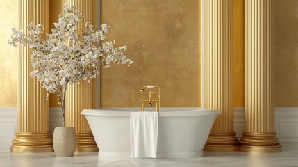 Elegant bathroom featuring a luxurious bathtub, golden columns, and a decorative tree, ideal for modern interior design themes.