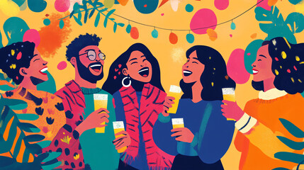 An illustration of a group of friends laughing and enjoying a festive gathering with colorful decorations.