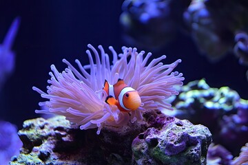 A clownfish hides in an anemone. This photo shows the symbiotic relationship between the clownfish and anemone.