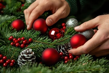 Hands decorating a festive Christmas wreath with red ornaments and pine cones.