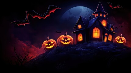 Haunted house with pumpkins, bats flying, and a full moon at night.
