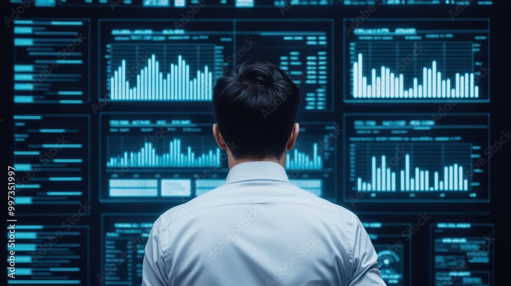 Poster man analyzing data on digital screens in a modern workspace.