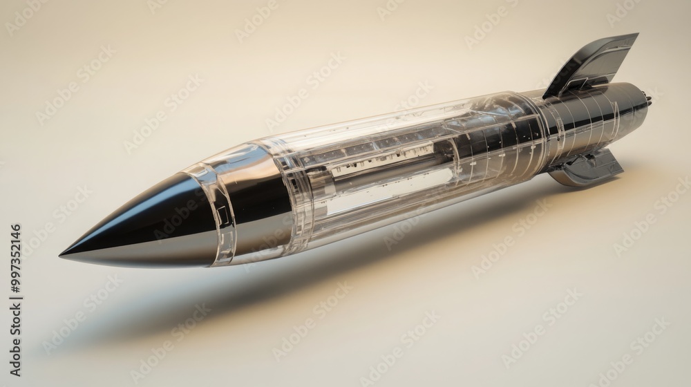 Poster a sleek, transparent model of a futuristic rocket is displayed prominently against a minimalist back