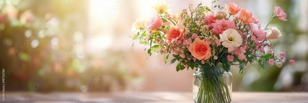 Poster a colorful bouquet featuring various flowers is placed in a clear vase on a light wood table, illumi