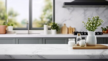 A white kitchen tabletop is used to showcase products. The marble countertop is empty. Simple mockup suitable for a restaurant or beauty advertisement.