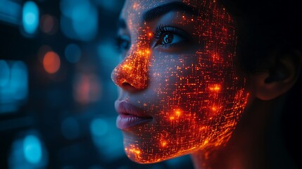 Glowing Face: Abstract Portrait with Futuristic Digital Art