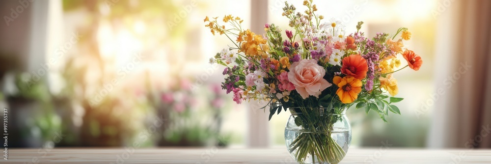Aufkleber a beautifully arranged bouquet of mixed flowers in a glass vase brightens the light wood table, addi