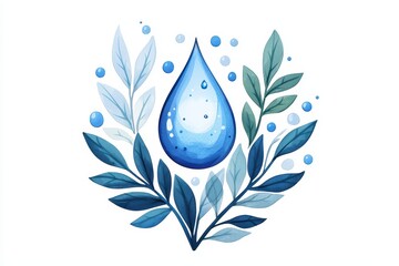 Obraz premium Water droplet surrounded by lush green leaves, on a white isolated background.