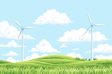 Wind turbines atop green hills under a clear blue sky with fluffy clouds.
