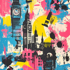 Obraz premium Brightly colored retro 1980s risograph art collage of London icons with shapes and patterns in bright colors.