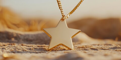 A minimalistic star-shaped medal in a glossy gold finish, featuring a blank space for customization, isolated on a soft background