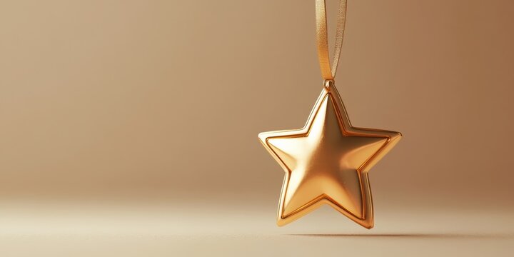 A minimalistic star-shaped medal in a glossy gold finish, featuring a blank space for customization, isolated on a soft background