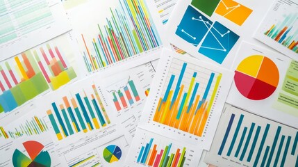 Various colorful charts and graphs fill a desk, showcasing detailed business data analysis while reflecting a vibrant and organized workspace