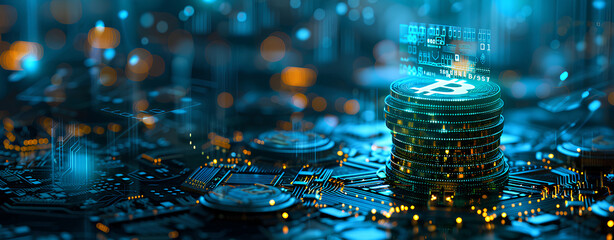 The concept of the digital currency Bitcoin is displayed on an electronic circuit board, with illuminated golden coins stacked together and glowing blue in front of them.