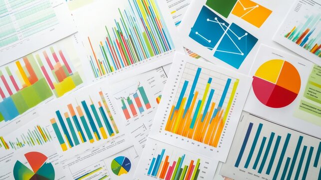 Various colorful charts and graphs fill a desk, showcasing detailed business data analysis while reflecting a vibrant and organized workspace