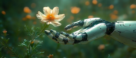 Robot Hand Reaching for a Flower: A Futuristic Vision of Nature and Technology