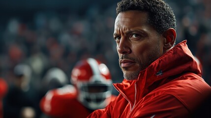Fototapeta premium A man in a red jacket is looking at the camera