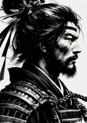 black and white portrait of a samurai with a sword