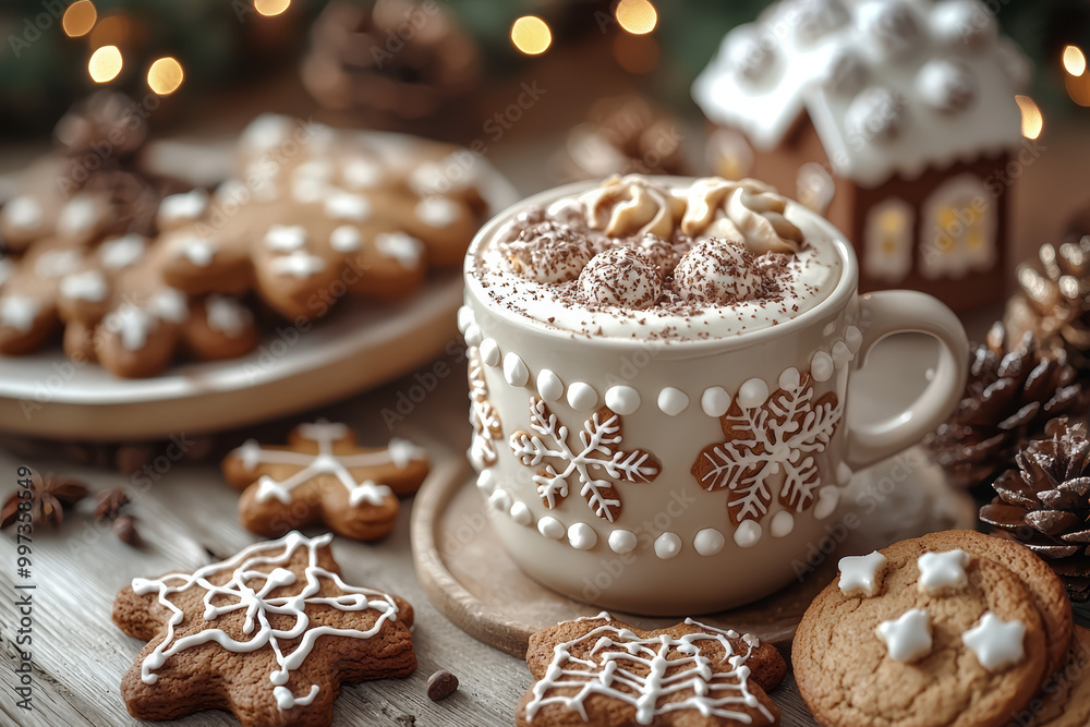 Canvas Prints A table filled with Christmas cookies, hot chocolate, and a gingerbread house, ready for the family to enjoy. Concept of indulgence.