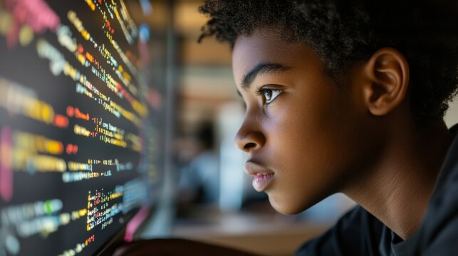 A young Black student is immersed in coding at a computer, intently examining colorful lines of digital code in a bright and engaging classroom setting