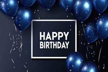 Fototapeta premium Happy birthday background with blue balloons and a white square frame on a black background 