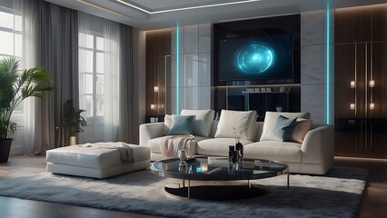 Modern Smart living room interior with innovative technology maintaining connections.