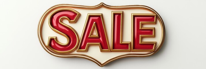 A vintage-style emblem sticker in a three-dimensional format, rendered in metallic red and gold, displaying the word "Sale" in bold letters, isolated on a white canvas