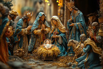 A nativity scene with figures of Mary, Joseph, baby Jesus, and the wise men, set in a stable with soft lighting. Concept of faith.