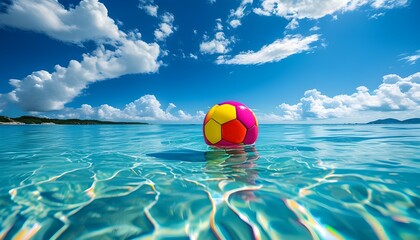 Joyful beach scene with colorful balls splashing in bright blue water beneath a sunny sky filled...