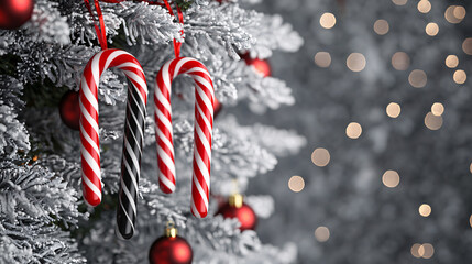 A festive Christmas tree adorned with red ornaments and striped candy canes, set against a backdrop of soft, glowing lights.
