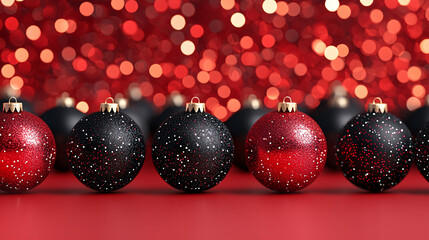 The image features a row of shiny red and black Christmas ornaments against a bright, bokeh background, creating a festive holiday atmosphere.