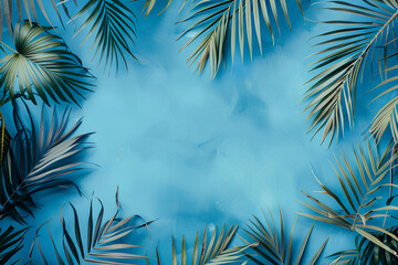 abstract background with blue color and palm leaves in a flat lay top view.