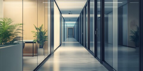 Obraz premium Modern Office Corridor with Glass Walls
