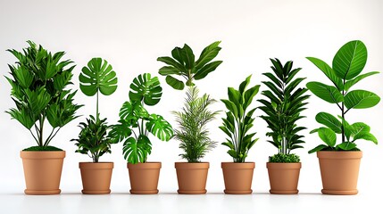 Fototapeta premium A row of potted plants contrasts beautifully with the stark white background.