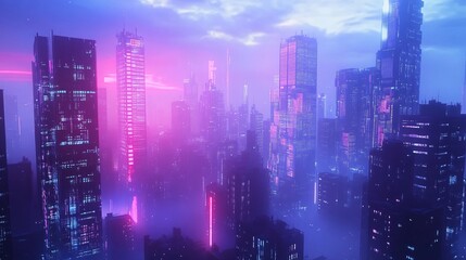 Fototapeta premium A futuristic city skyline bathed in pink and blue neon lights, with a hazy atmosphere.