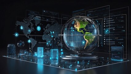 Digital world map concept, holographic dashboard analysing world cybersecurity, futuristic technology.