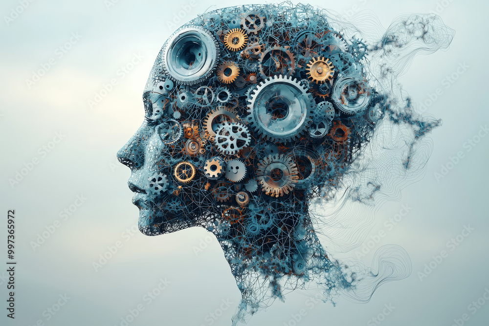 Poster A silhouette of a human head with gears inside, connected to a network of data and algorithms. Concept of cognitive computing and problem-solving.