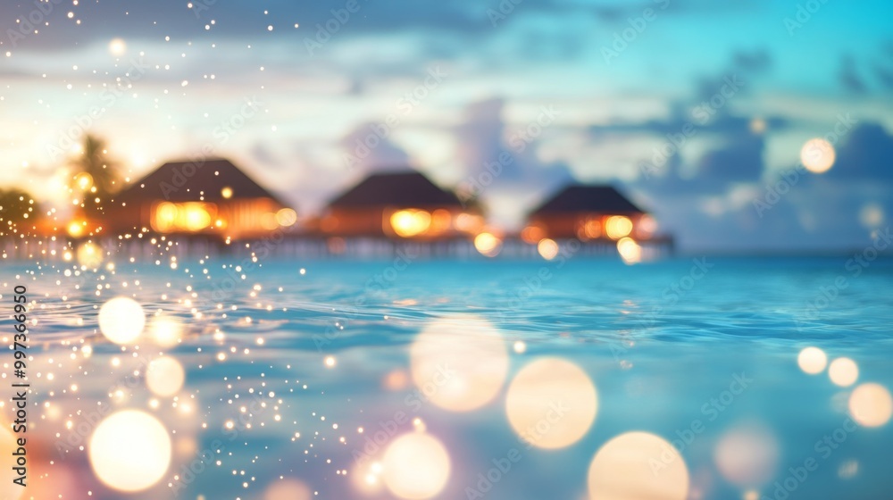 Poster The tranquil evening showcases a tropical resort in the background, where water glimmers under soft lights. Gentle waves create a peaceful atmosphere with colorful bokeh effects in the foreground.