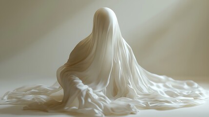 A white fabric-draped figure creates an abstract minimalist silhouette, full of quiet elegance.