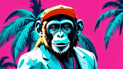 Fototapeta premium Cool monkey in a cap and suit against a pink background with palm trees.