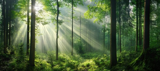 Serene Forest Scene with Sunlight Filtering Through Tall Trees