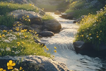 Naklejka premium Tranquil Mountain Stream with Wildflowers in a Lush Meadow
