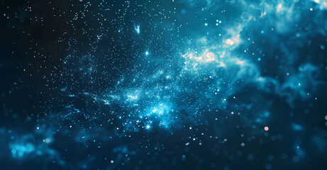 Naklejka premium Abstract blue night sky with stars and glow, dark background. Dark space texture with glowing particles. Background of starry cosmos