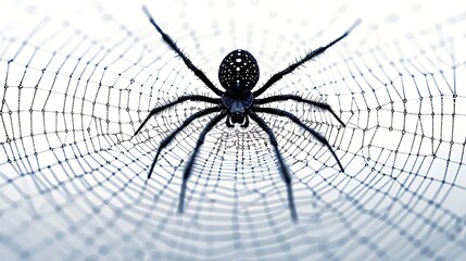 A black spider spins its web against a clean white background, eerie and delicate.