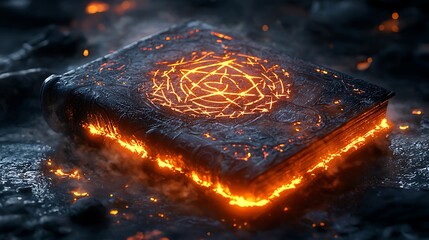 A burning ancient book glows with magic symbols, evoking fantasy and mystery.