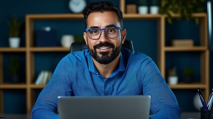 A happy businessman works on his laptop in a modern office, filled with productivity and optimism.