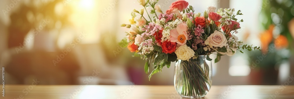 Aufkleber a vibrant bouquet of mixed flowers is elegantly displayed in a glass vase on a light wood table, cre