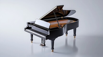 A sleek black grand piano with an open lid stands isolated on a white background, embodying classic elegance.