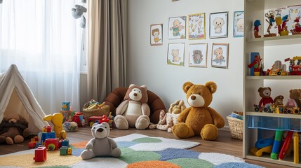 Child's room colorful stuffed animals toys hand-drawn pictures playful cozy atmosphere. AI generated